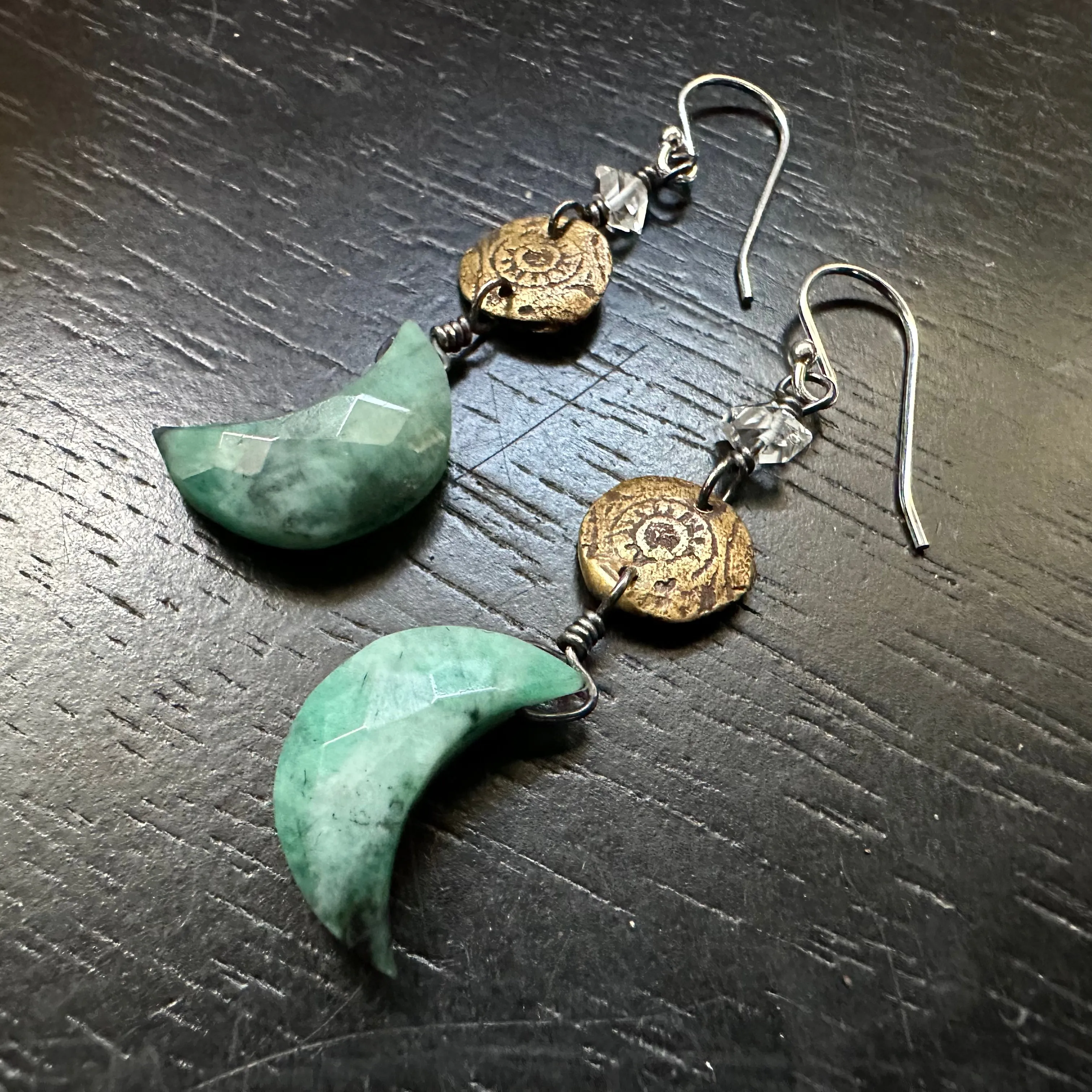 Emerald Moon Earrings with Tiny Herkimer Diamonds