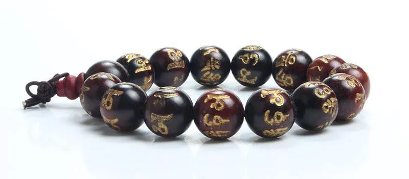 Engraved Sanskrit Rosewood Buddhist Prayer Beads Bracelet