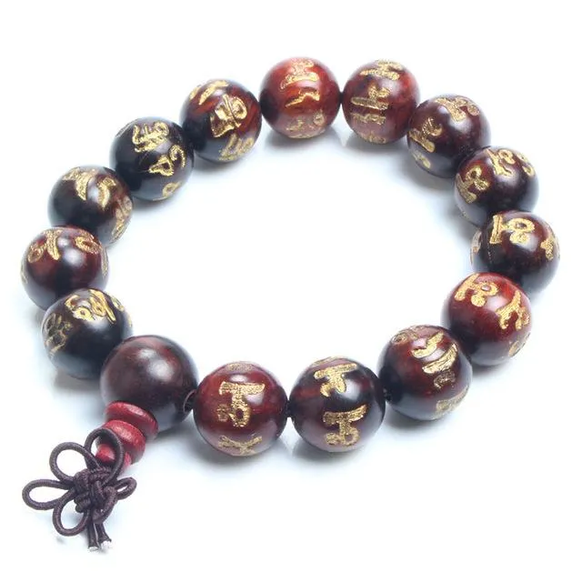 Engraved Sanskrit Rosewood Buddhist Prayer Beads Bracelet