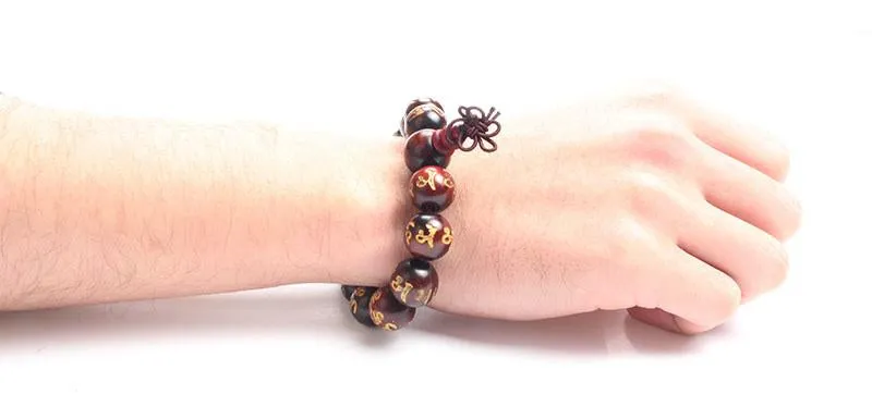 Engraved Sanskrit Rosewood Buddhist Prayer Beads Bracelet