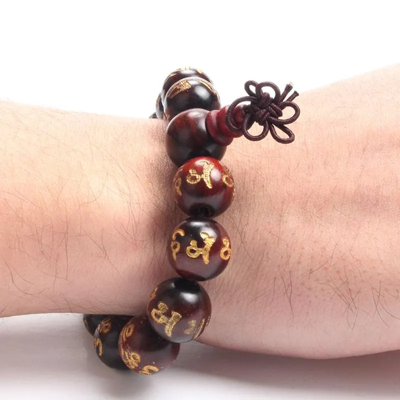 Engraved Sanskrit Rosewood Buddhist Prayer Beads Bracelet