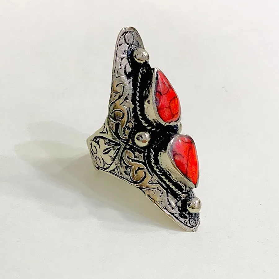 Ethnic Handmade Dual Red Stone Ring