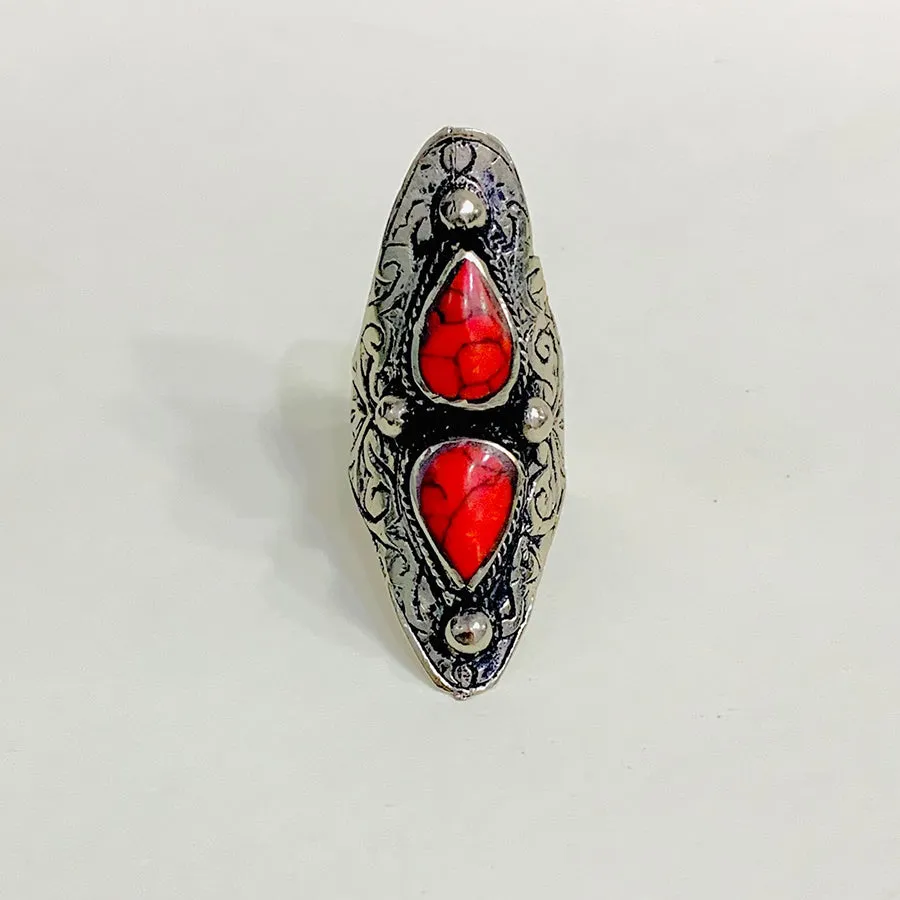 Ethnic Handmade Dual Red Stone Ring