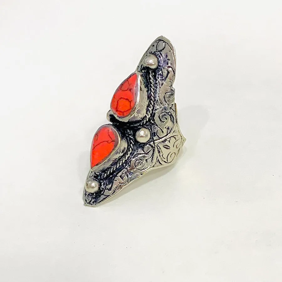 Ethnic Handmade Dual Red Stone Ring