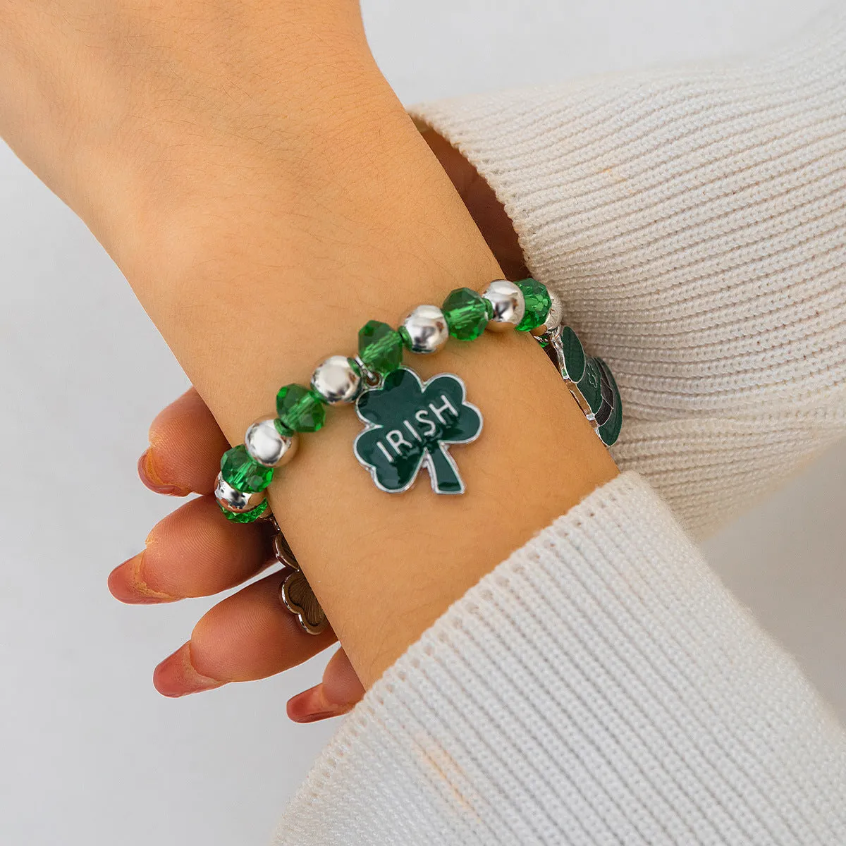 European and American Festival Gifts, Lucky Clover Letter Bracelet, Elegant Green Beaded Beer Festival Jewelry