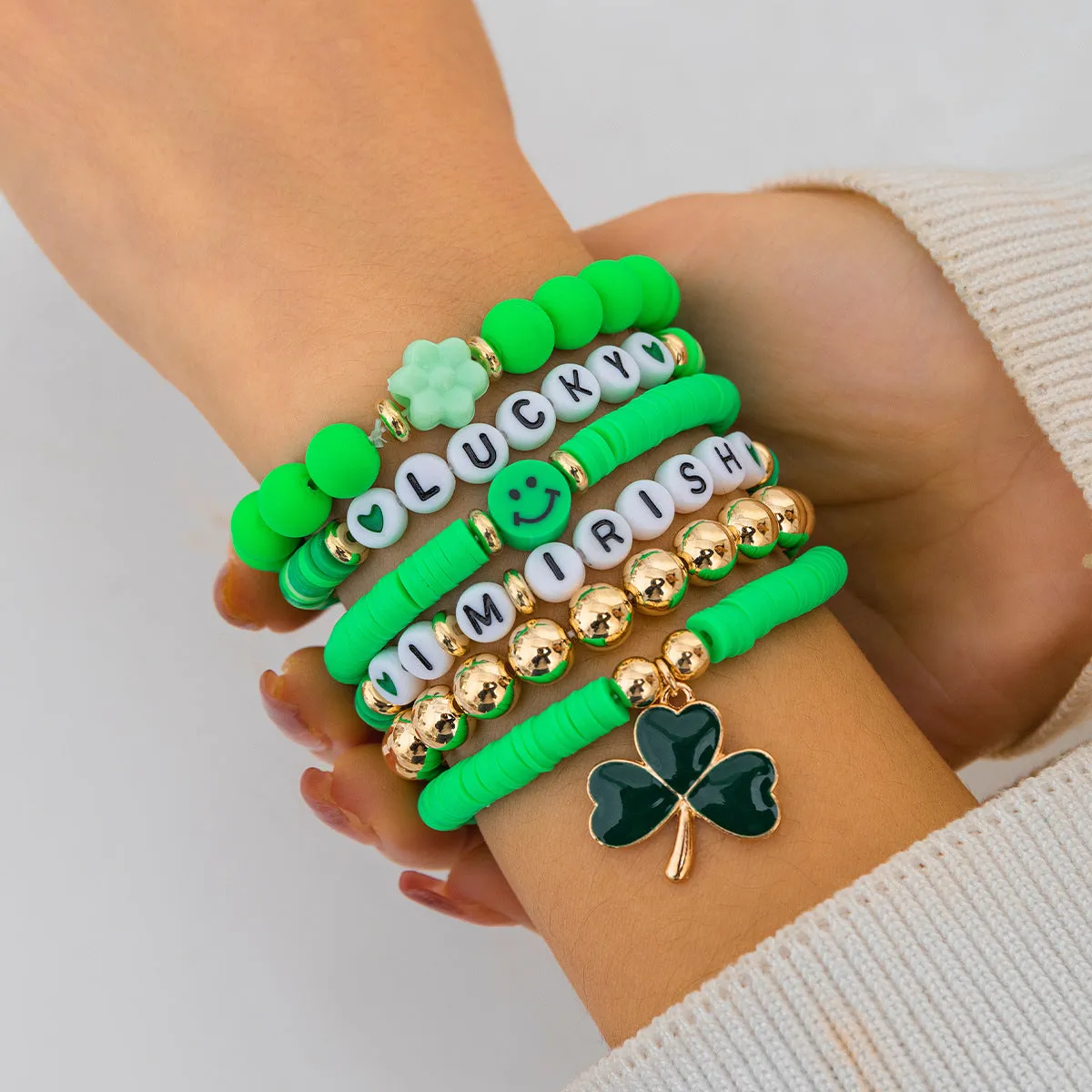 European and American Festival Gifts, Lucky Clover Letter Bracelet, Elegant Green Beaded Beer Festival Jewelry