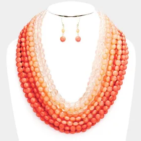 Faceted Coral Round Lucite Beaded Necklace Set