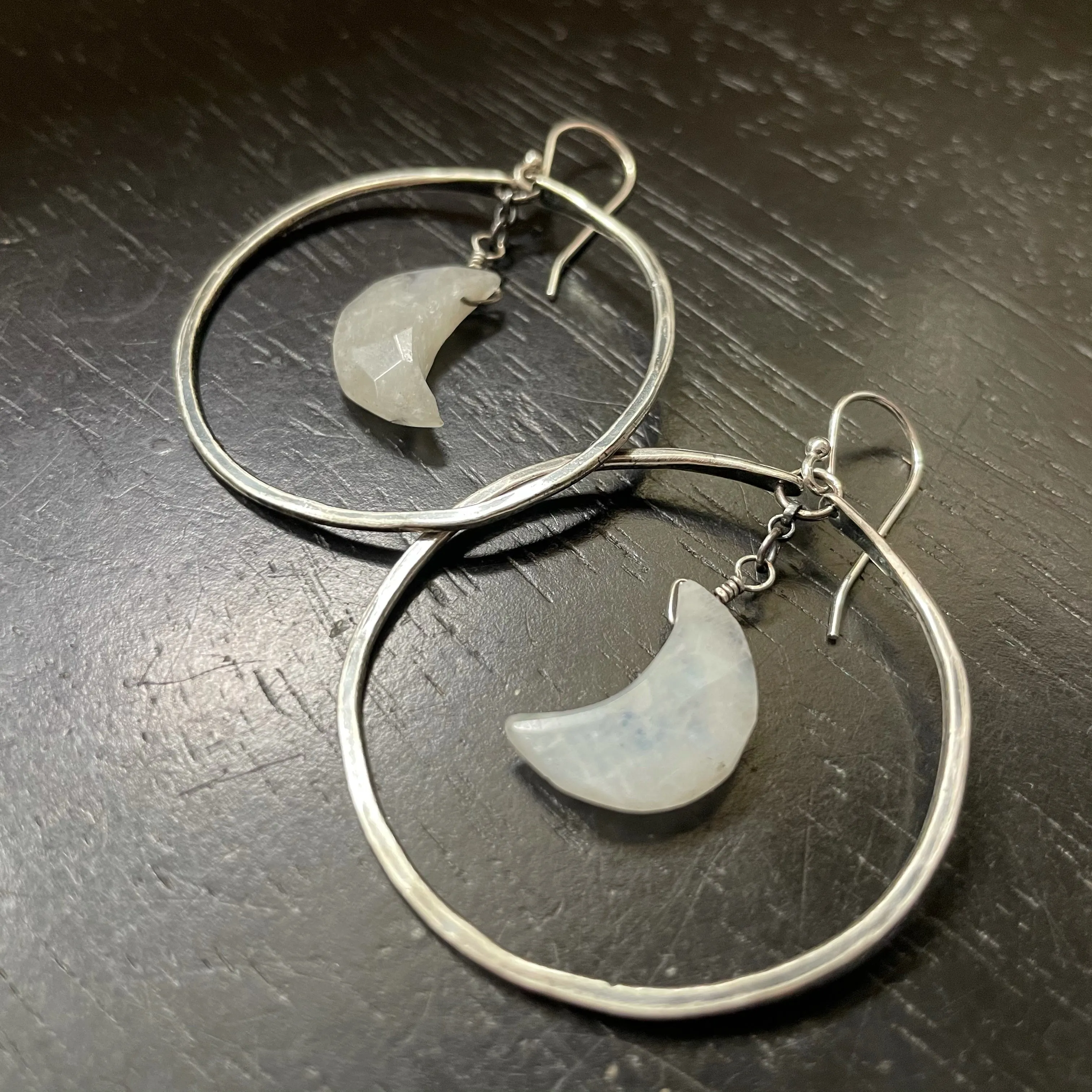 Faceted Crescent Moon Earrings in Medium Silver Hoops with Your Choice of Crystal