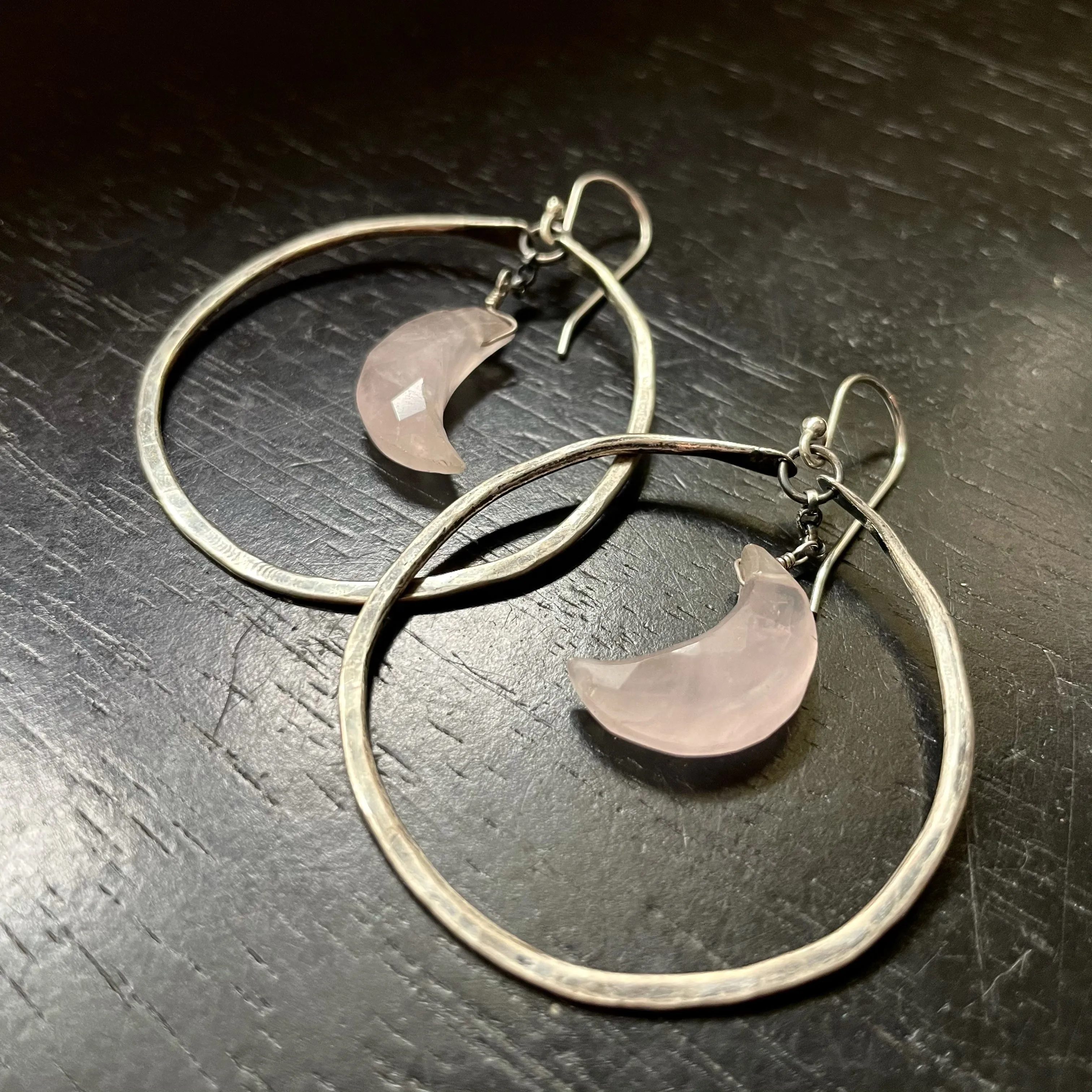 Faceted Crescent Moon Earrings in Medium Silver Hoops with Your Choice of Crystal