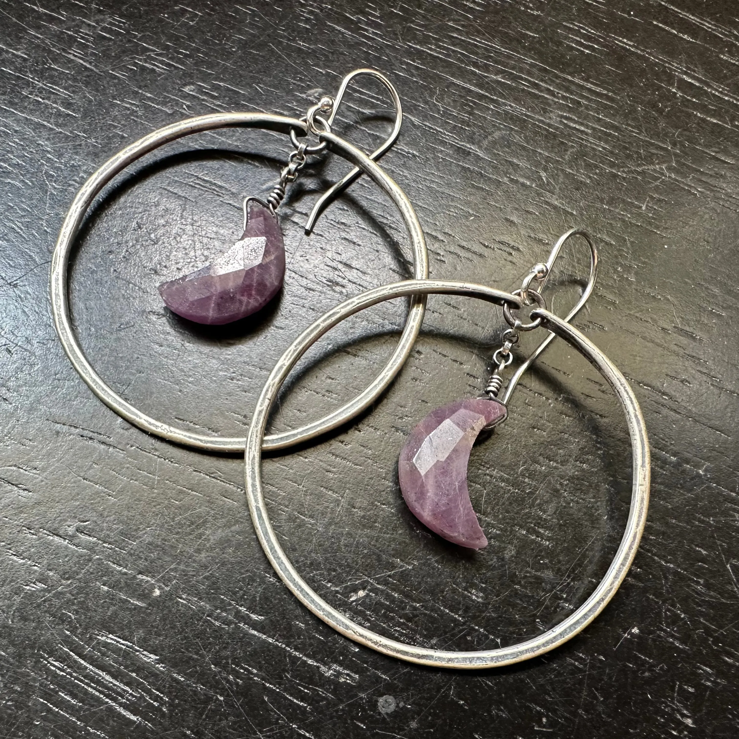 Faceted Crescent Moon Earrings in Medium Silver Hoops with Your Choice of Crystal