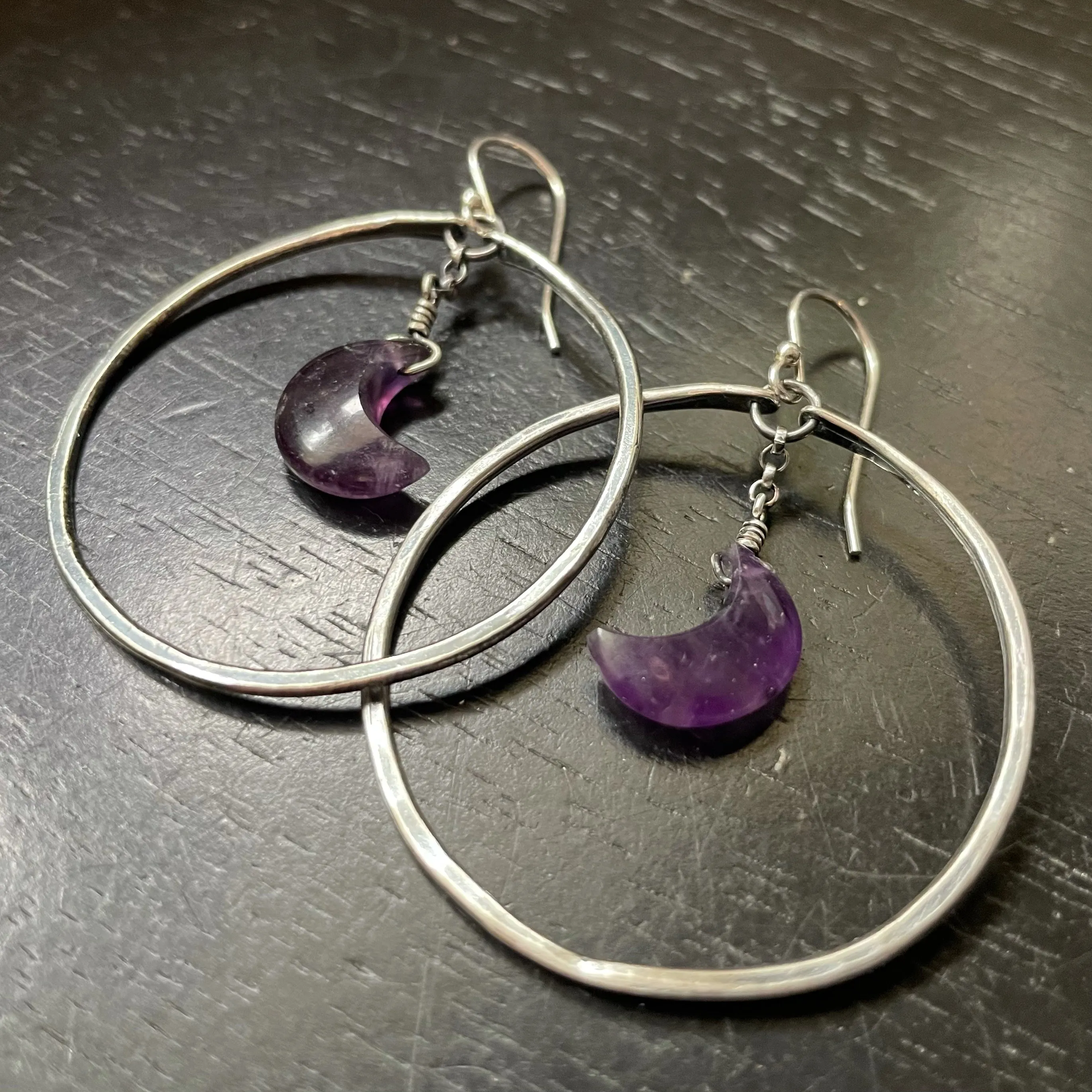 Faceted Crescent Moon Earrings in Medium Silver Hoops with Your Choice of Crystal