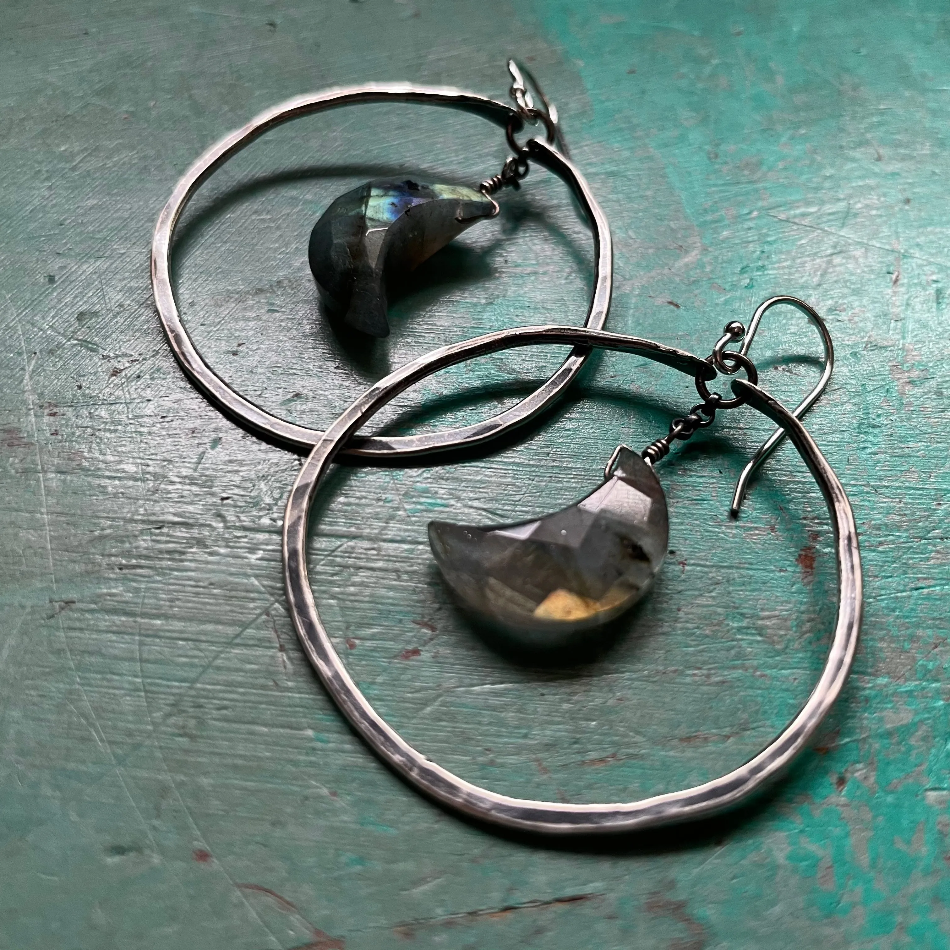 Faceted Crescent Moon Earrings in Medium Silver Hoops with Your Choice of Crystal