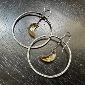 Faceted Crescent Moon Earrings in Medium Silver Hoops with Your Choice of Crystal