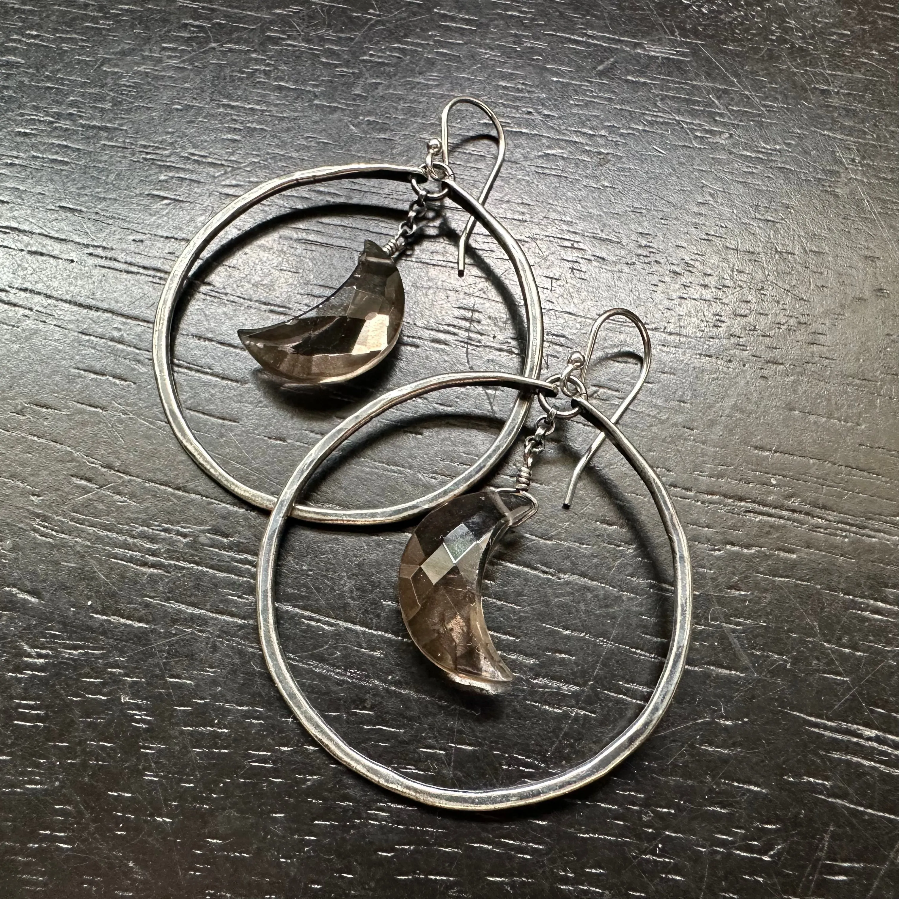 Faceted Crescent Moon Earrings in Medium Silver Hoops with Your Choice of Crystal