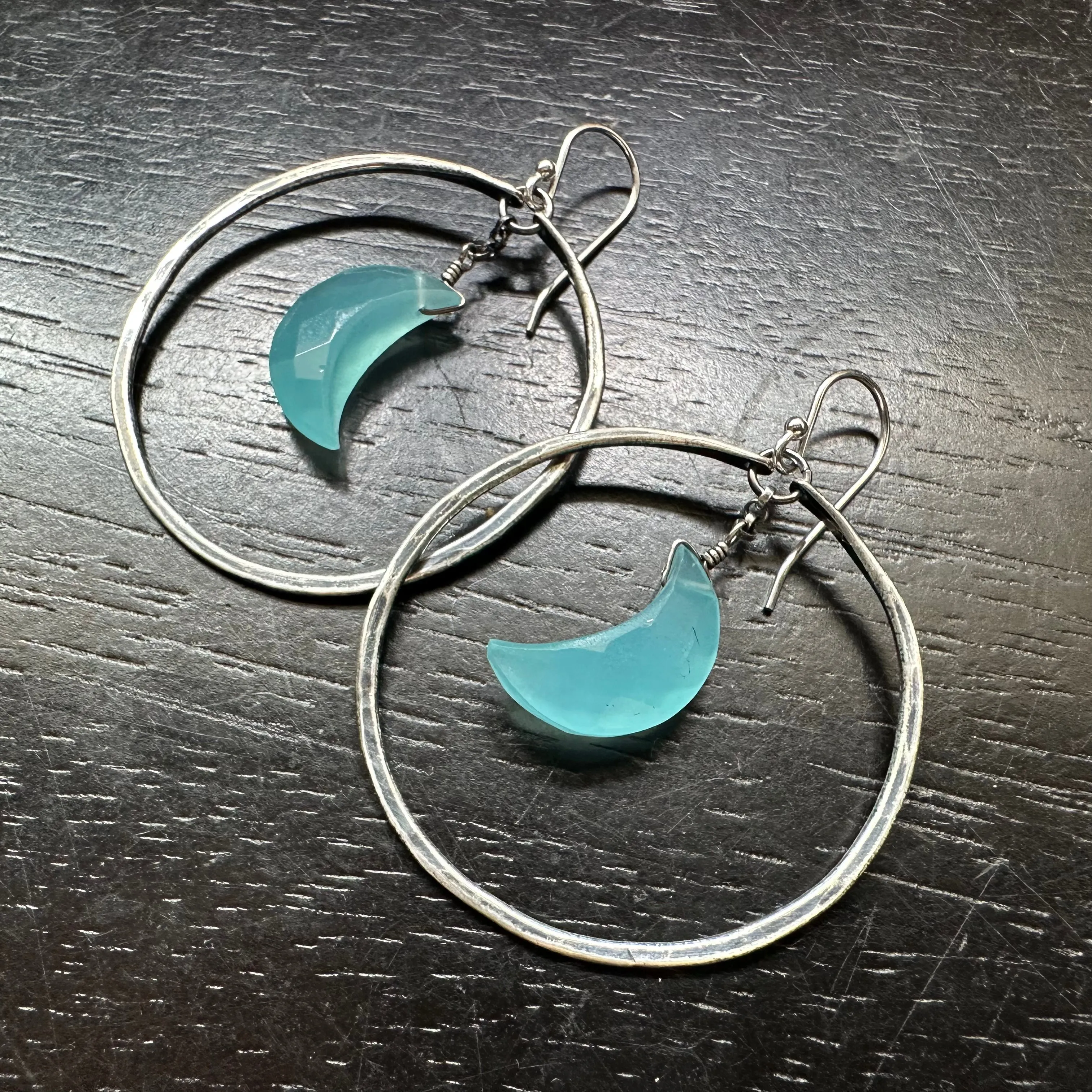 Faceted Crescent Moon Earrings in Medium Silver Hoops with Your Choice of Crystal