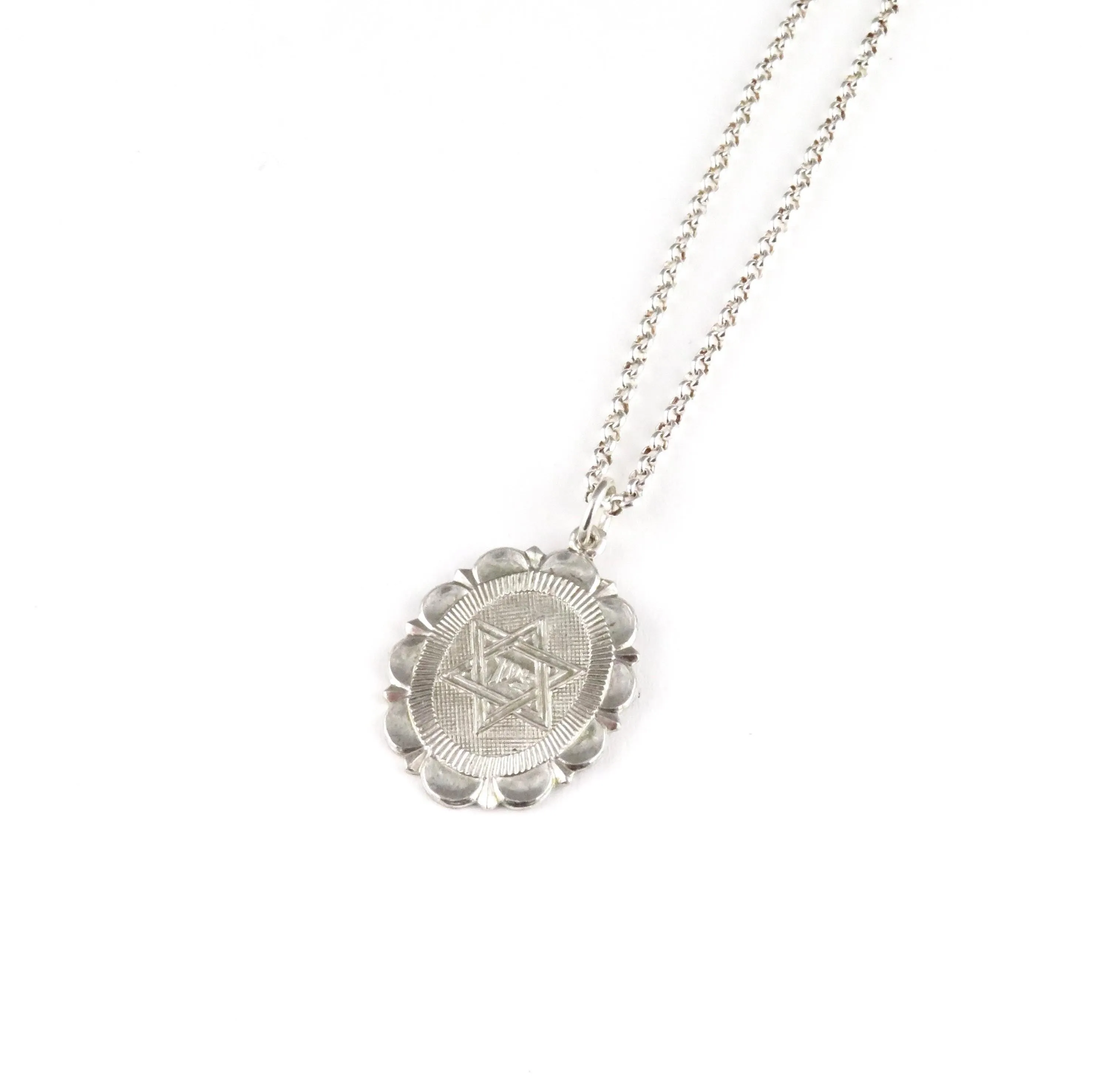 Fancy Star of David Oval Medallion Necklace - Silver