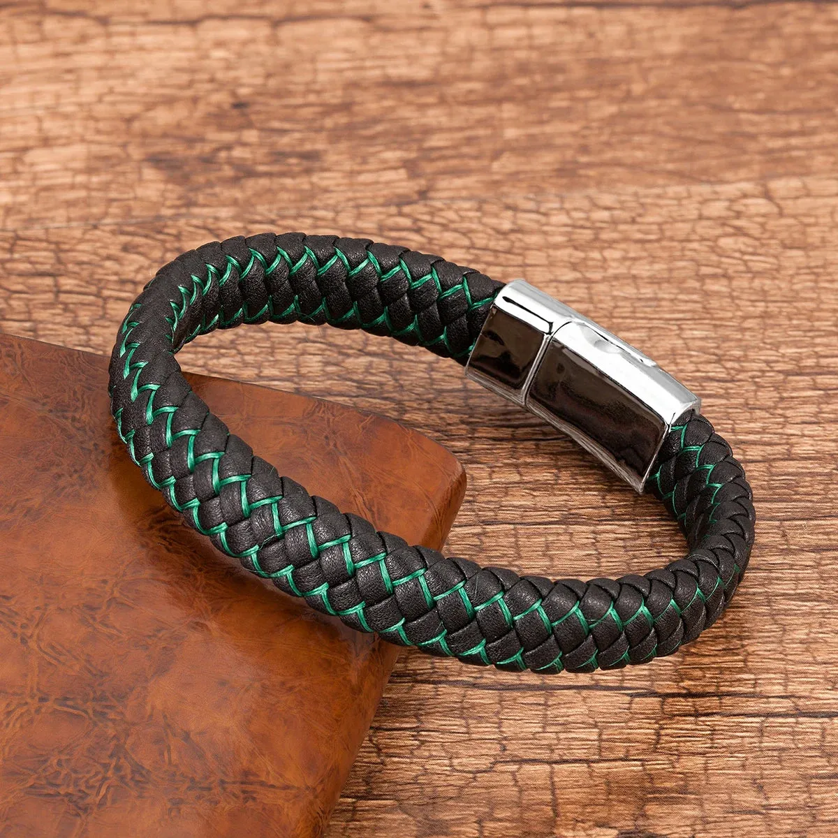 Fashion Genuine Leather Bracelet Men Black Braided Rope Bracelets For Male Metal Magnetic Clasp Bangles Jewelry Wholesale