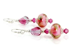 Fuchsia Pink Floral Lampwork Earrings