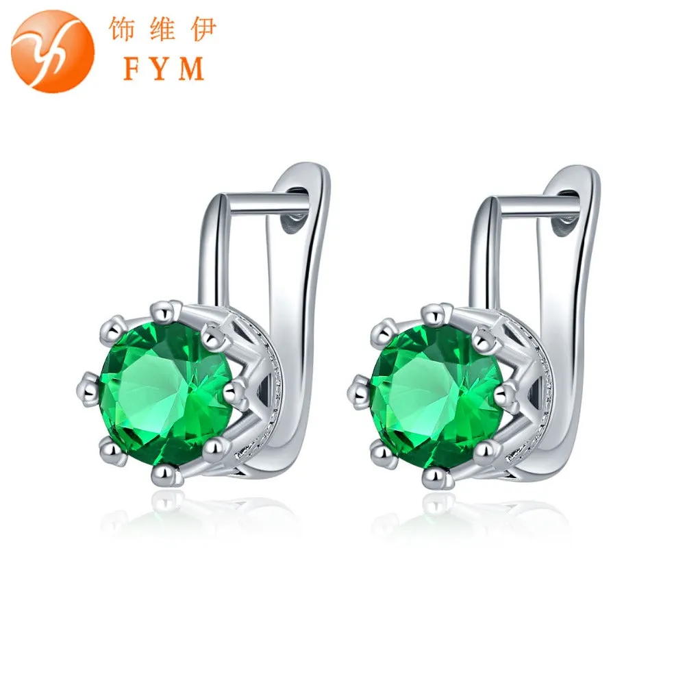 FYM Brand Luxury 7 Colors Big Green Round Cut Cubic Zirconia Earring Fashion Sliver Color Hoop Earrings Best Quality Jewelry