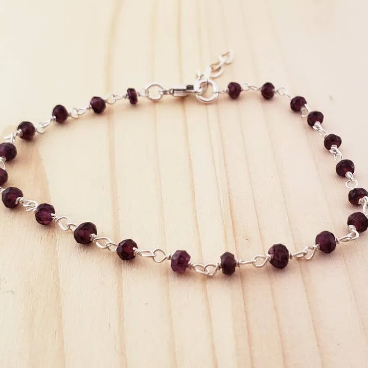 Garnet Gemstone Wire Wrapped Sterling Silver Bracelet