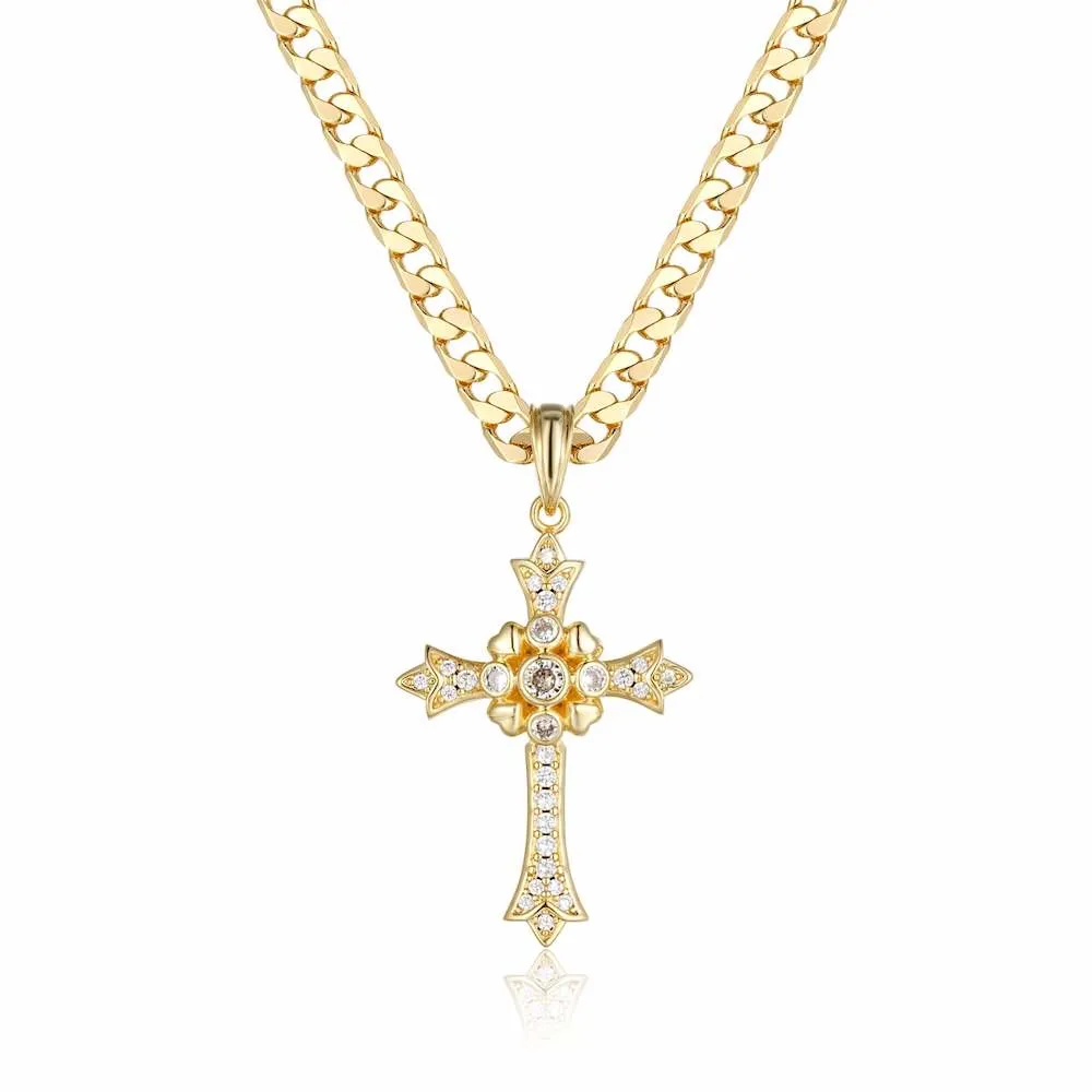 Gold Filled Bonded Gothic Cross Pendant with Stones 22 Inch 5mm Cuban Chain