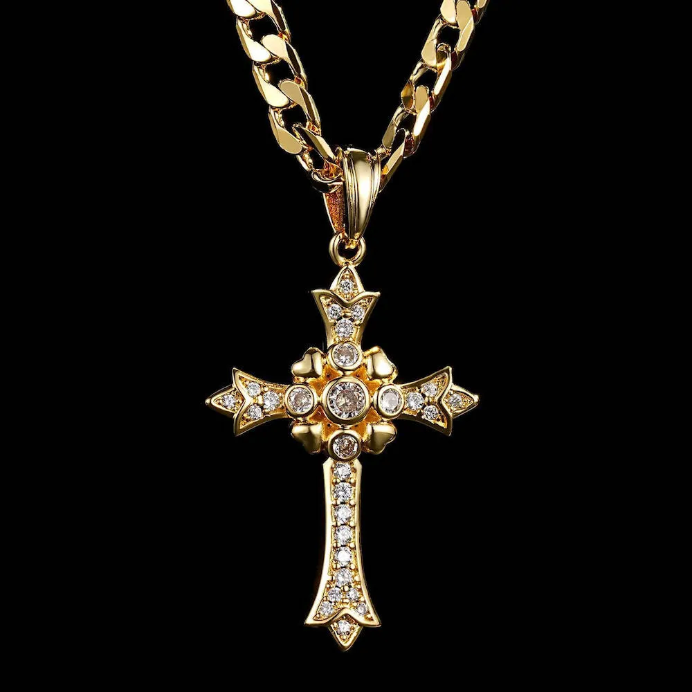 Gold Filled Bonded Gothic Cross Pendant with Stones 22 Inch 5mm Cuban Chain