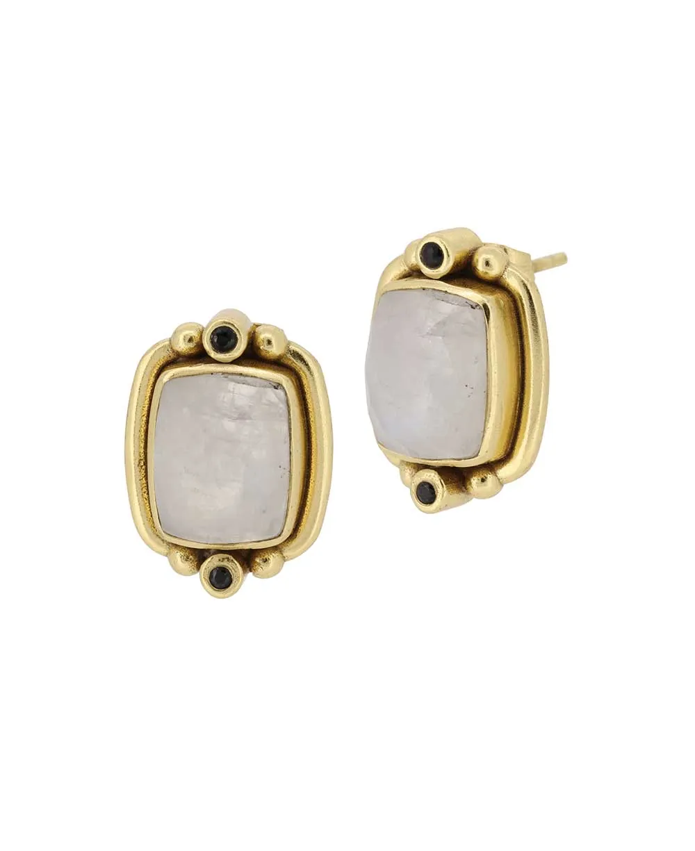 Gold-Plated Earrings with Moonstone and Black Spinel Beads