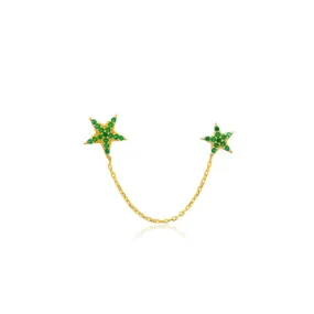 Green Star Pave PC Single Double Chain Post Earrings .925 Sterling Silver