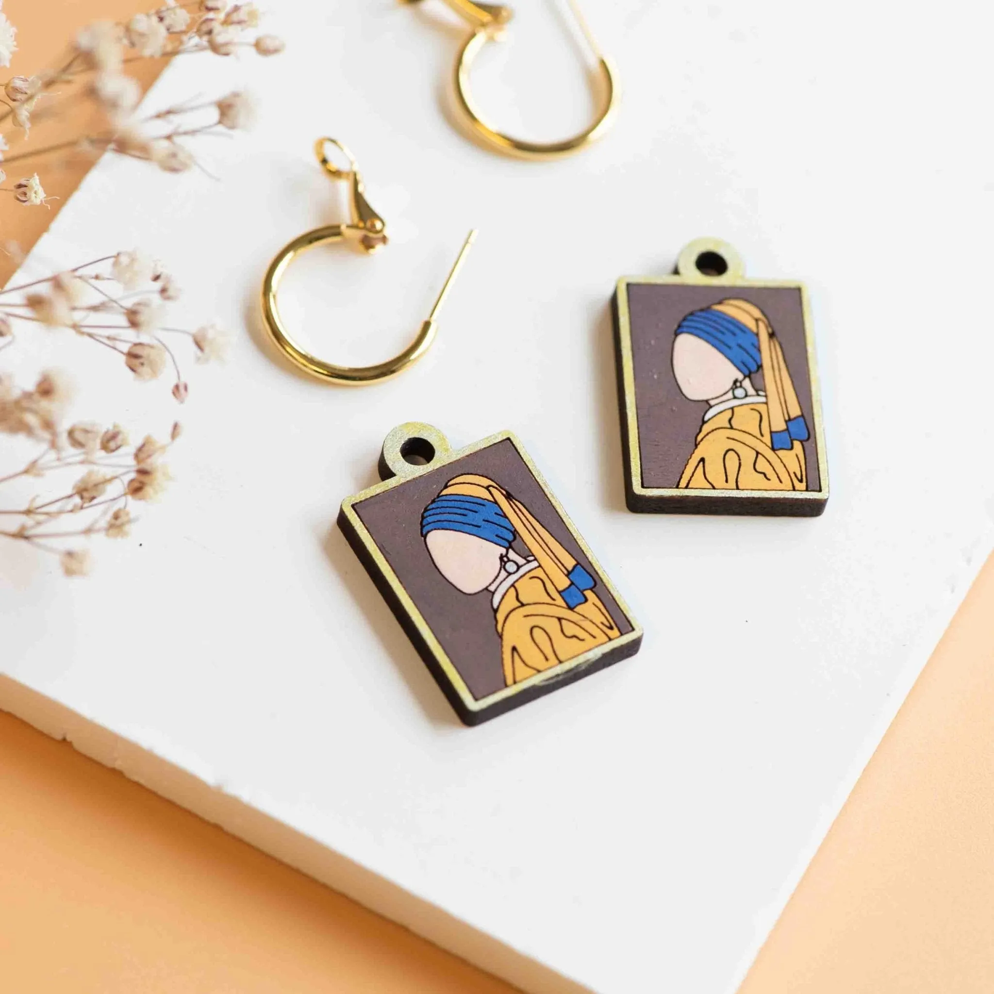 Hand-Painted Cherry Wood Girl with a Pearl Earring Hoop Earrings Inspired by Johannes Vermeer - PEO14065