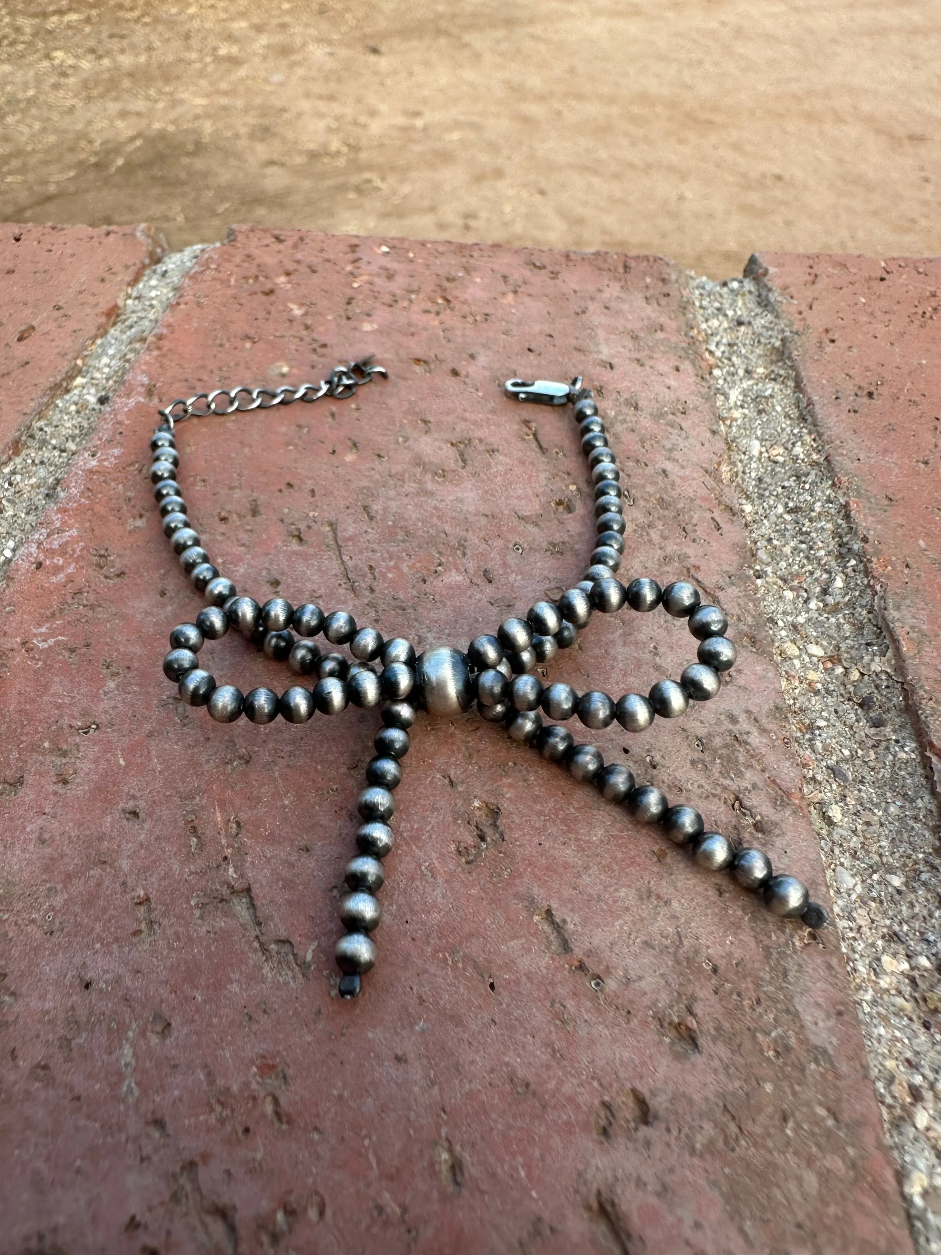 Handmade 4mm-8mm Sterling Silver Beaded Stretch Bow Bracelet Size 6-8