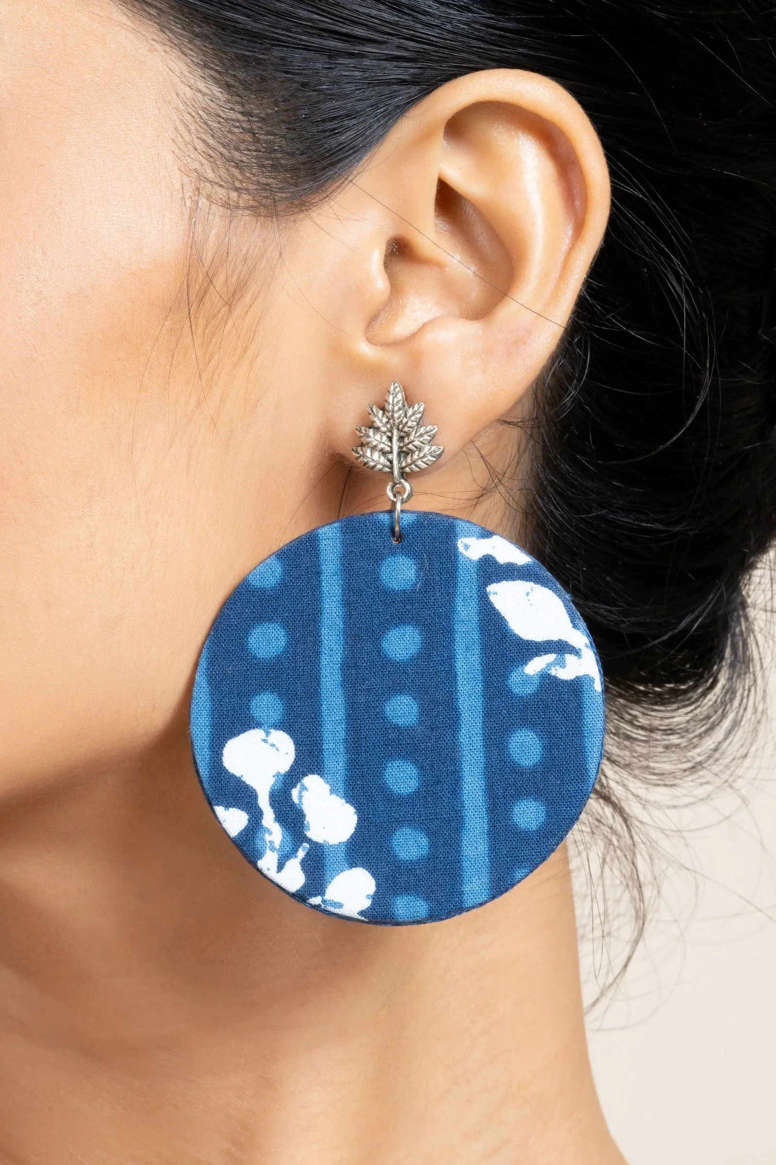 Handmade Indigo Floral Fabric with German Silver Leaf Stud Earrings- Unique & Non-Allergic Design