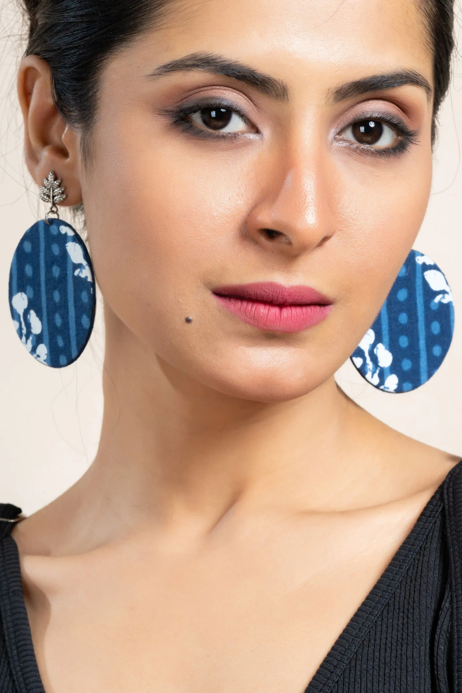 Handmade Indigo Floral Fabric with German Silver Leaf Stud Earrings- Unique & Non-Allergic Design