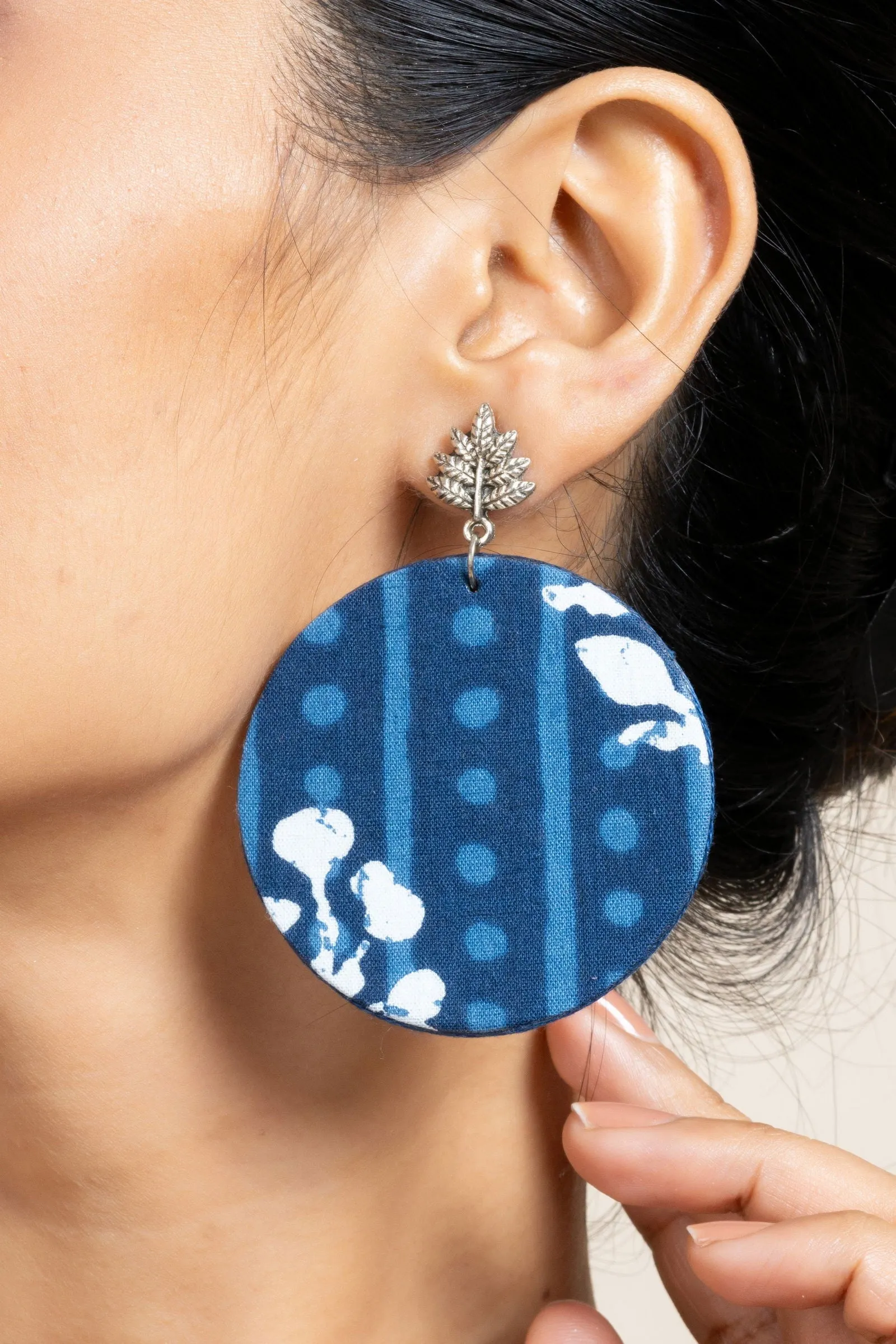 Handmade Indigo Floral Fabric with German Silver Leaf Stud Earrings- Unique & Non-Allergic Design