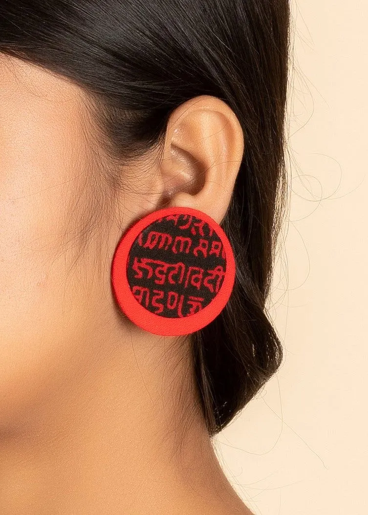 Handmade Red And Black Script Fabric Stud Earrings – Stylish For All Occasions