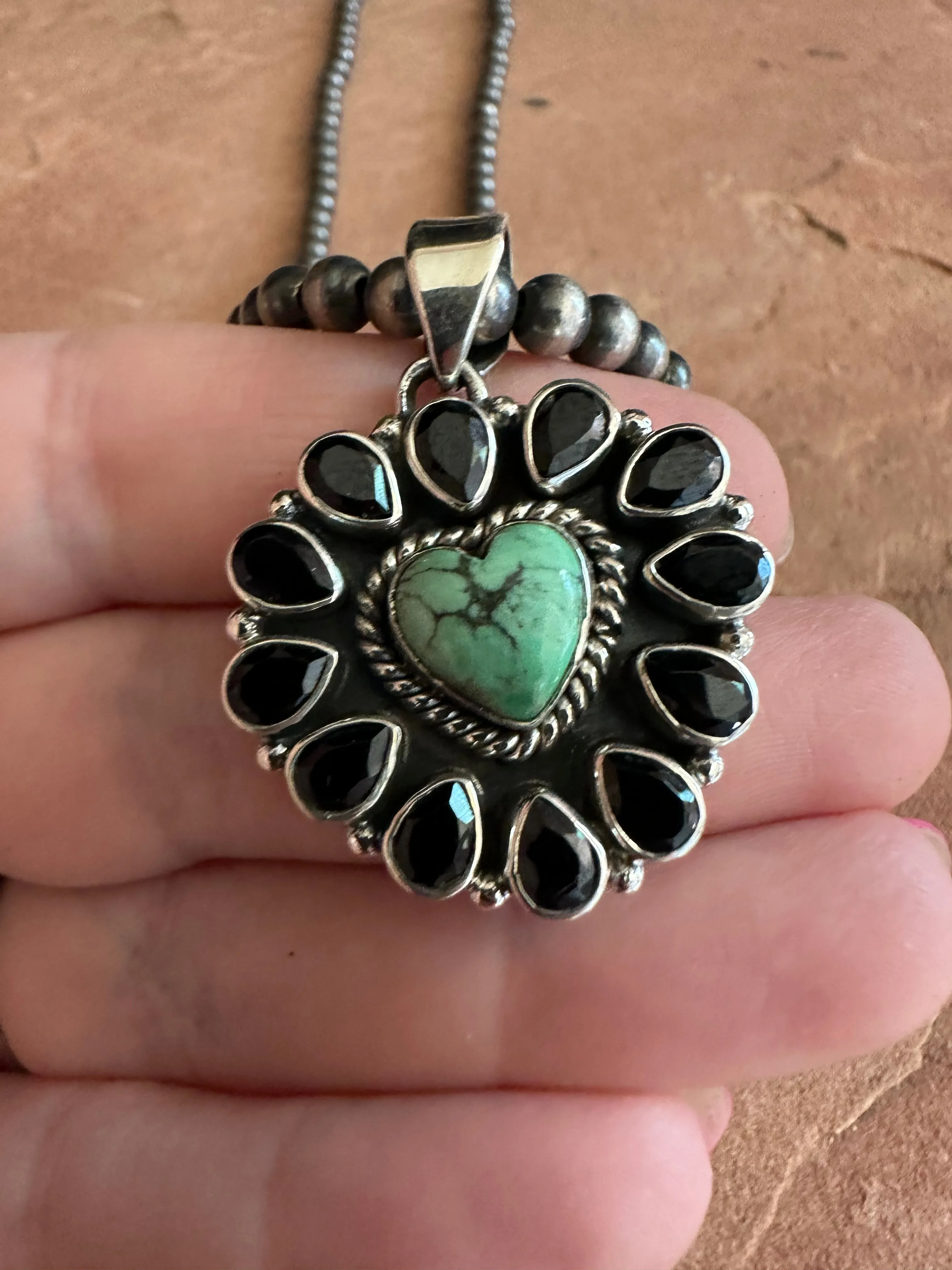 Handmade Turquoise, Onyx & Sterling Silver Pendant