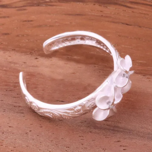 Hawaiian Scroll Two 6mm Plumeria with Clear CZ Smooth Edge Toe Ring