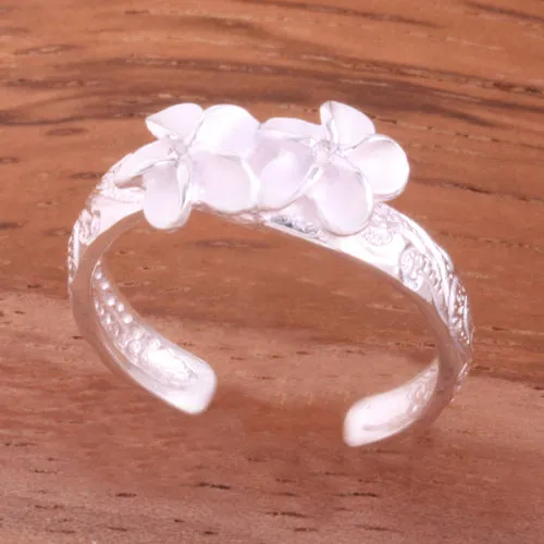 Hawaiian Scroll Two 6mm Plumeria with Clear CZ Smooth Edge Toe Ring