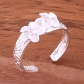 Hawaiian Scroll Two 6mm Plumeria with Pink CZ Smooth Edge Toe Ring