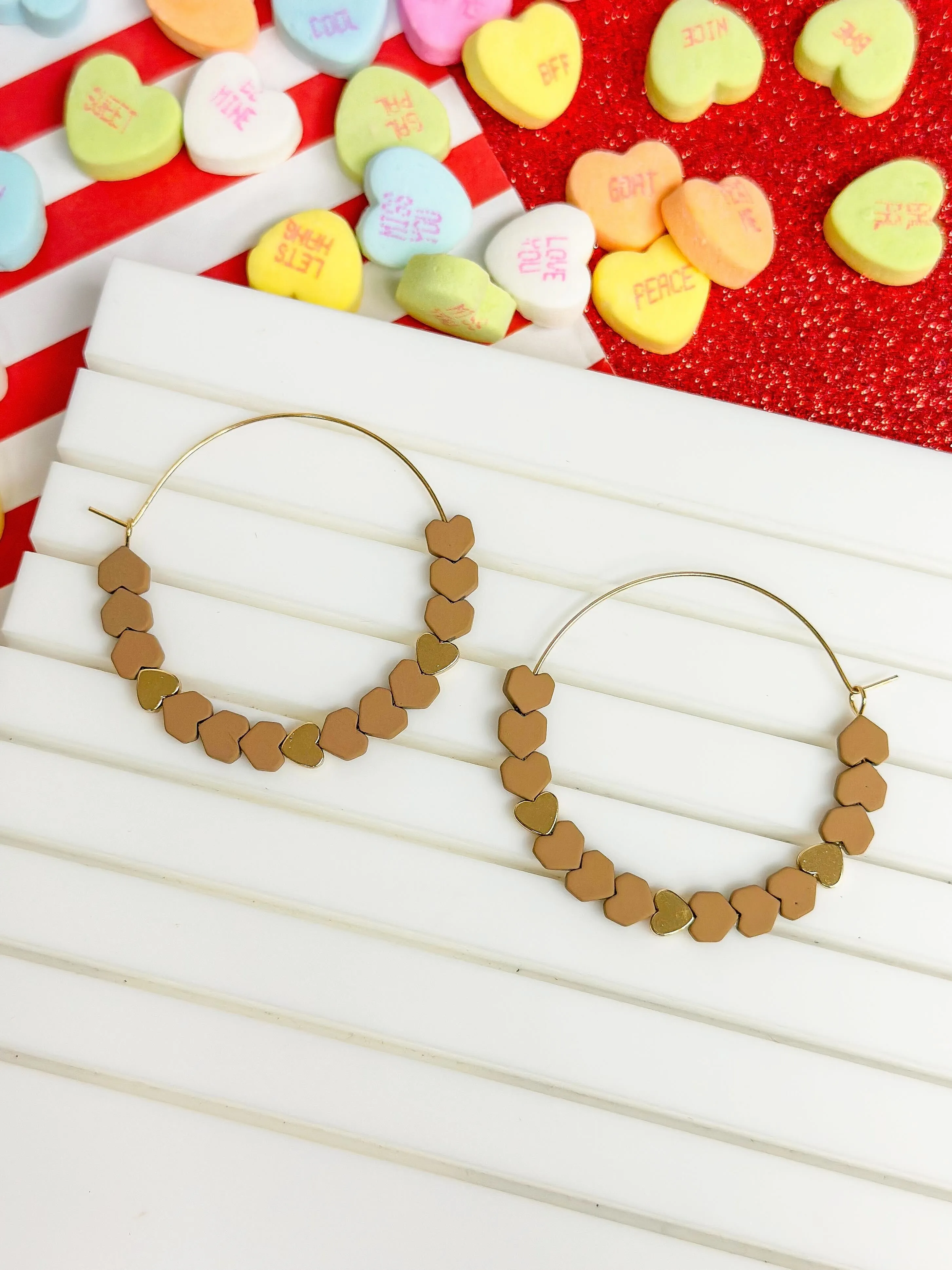 Heart-Bead Chevron Hoop Earrings - Brown