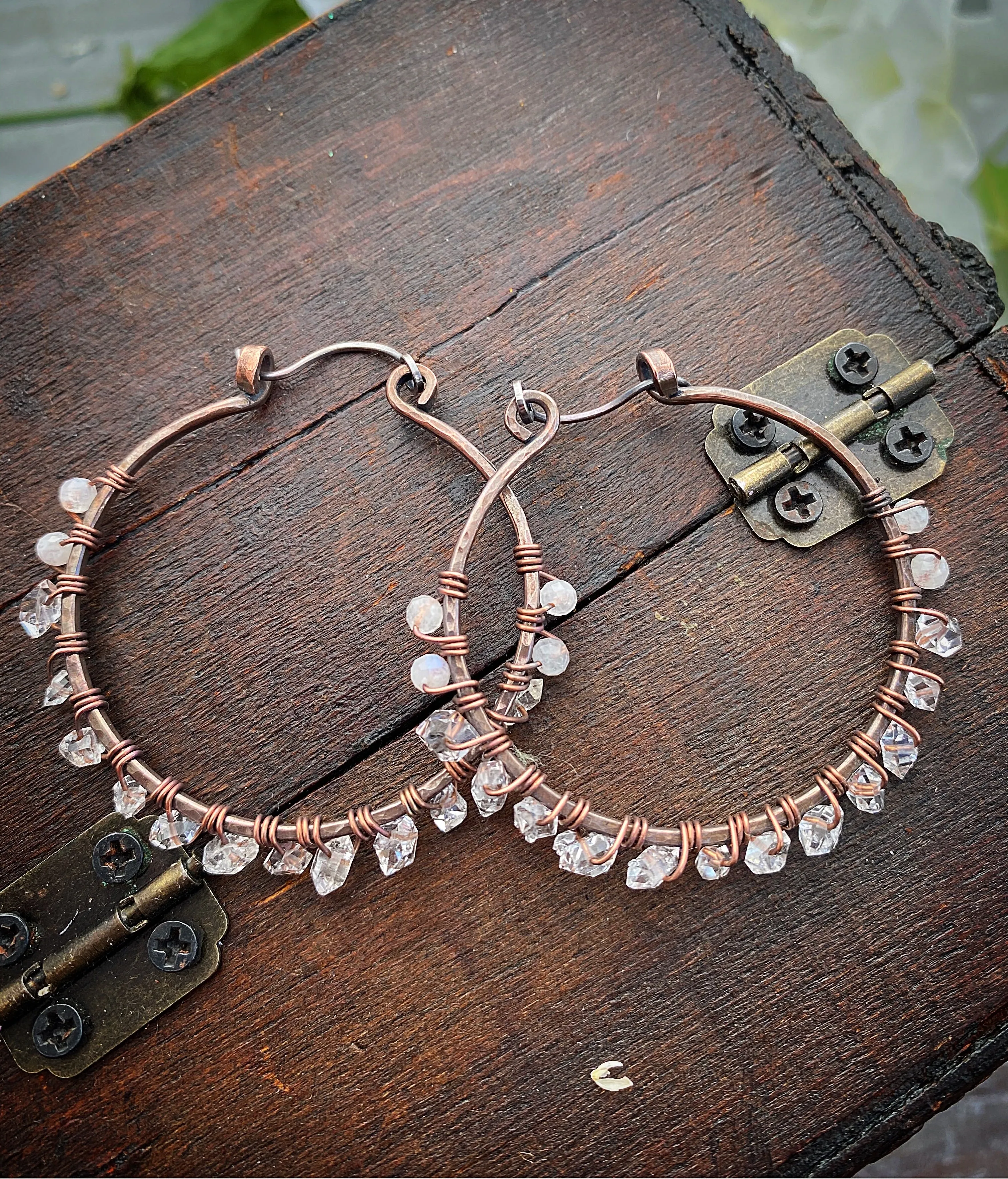 Herkimer diamonds, moonstone, copper metal hoops, wire wrapped, earrings