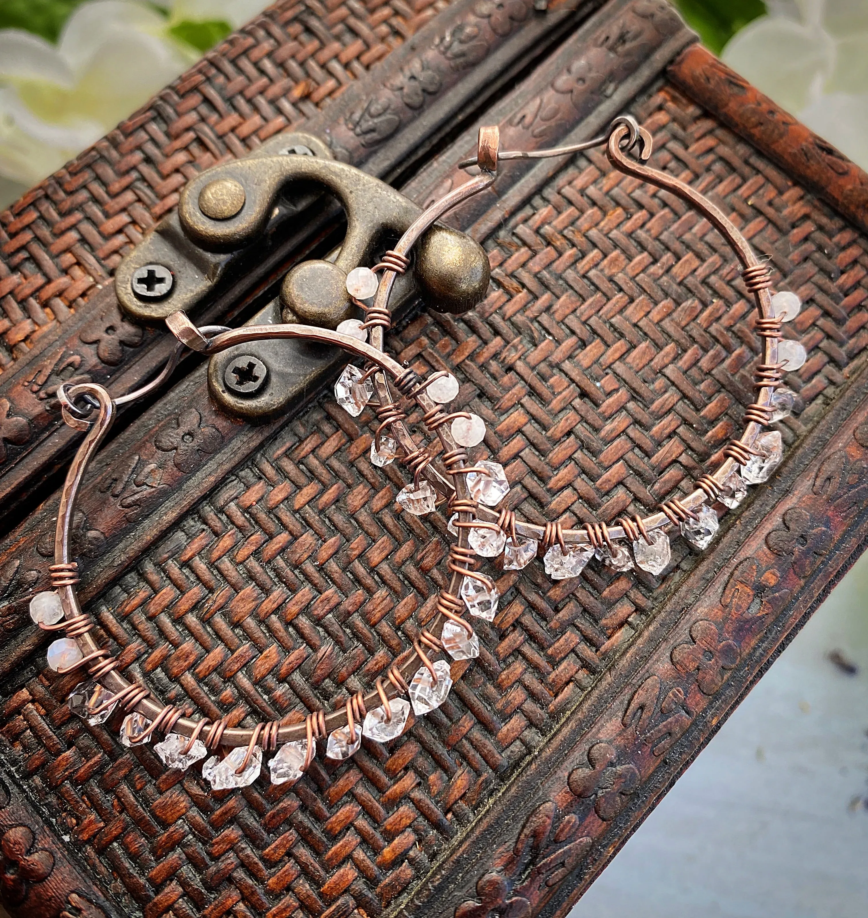 Herkimer diamonds, moonstone, copper metal hoops, wire wrapped, earrings