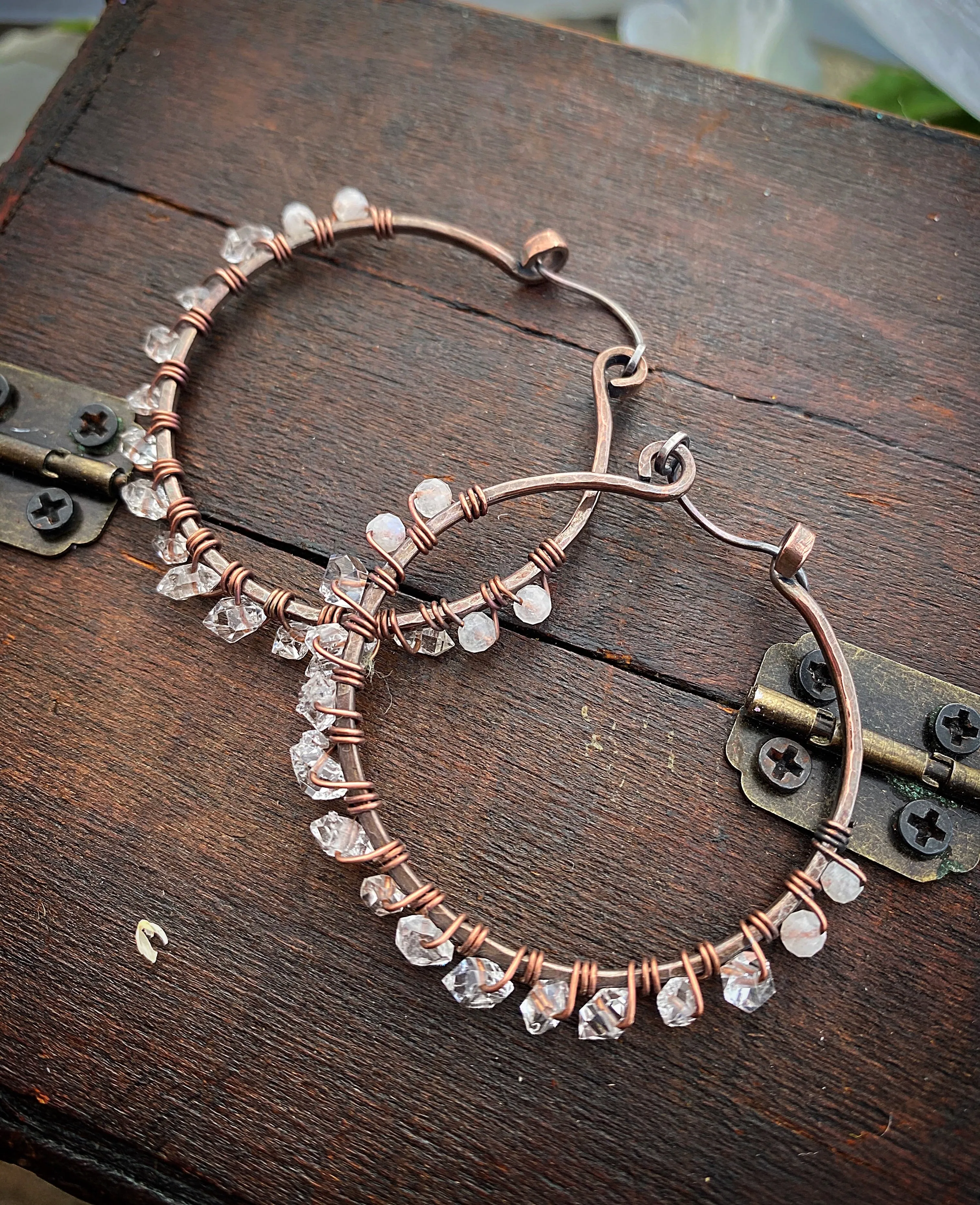 Herkimer diamonds, moonstone, copper metal hoops, wire wrapped, earrings