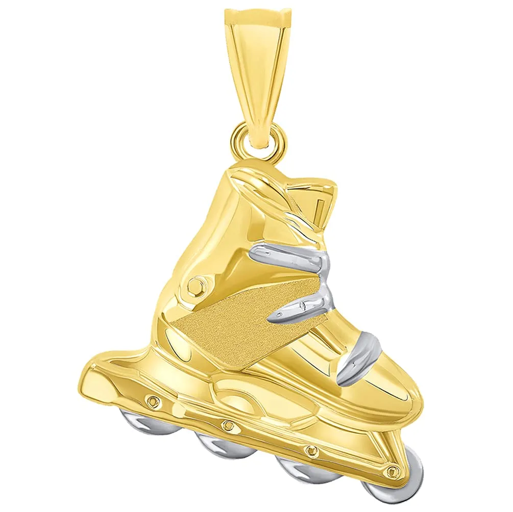 High Polish 14k Yellow Gold 3D Roller Skate Two-Tone Inline Roller Blade Pendant Necklace