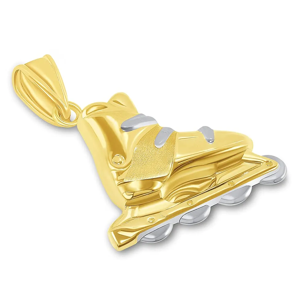 High Polish 14k Yellow Gold 3D Roller Skate Two-Tone Inline Roller Blade Pendant Necklace