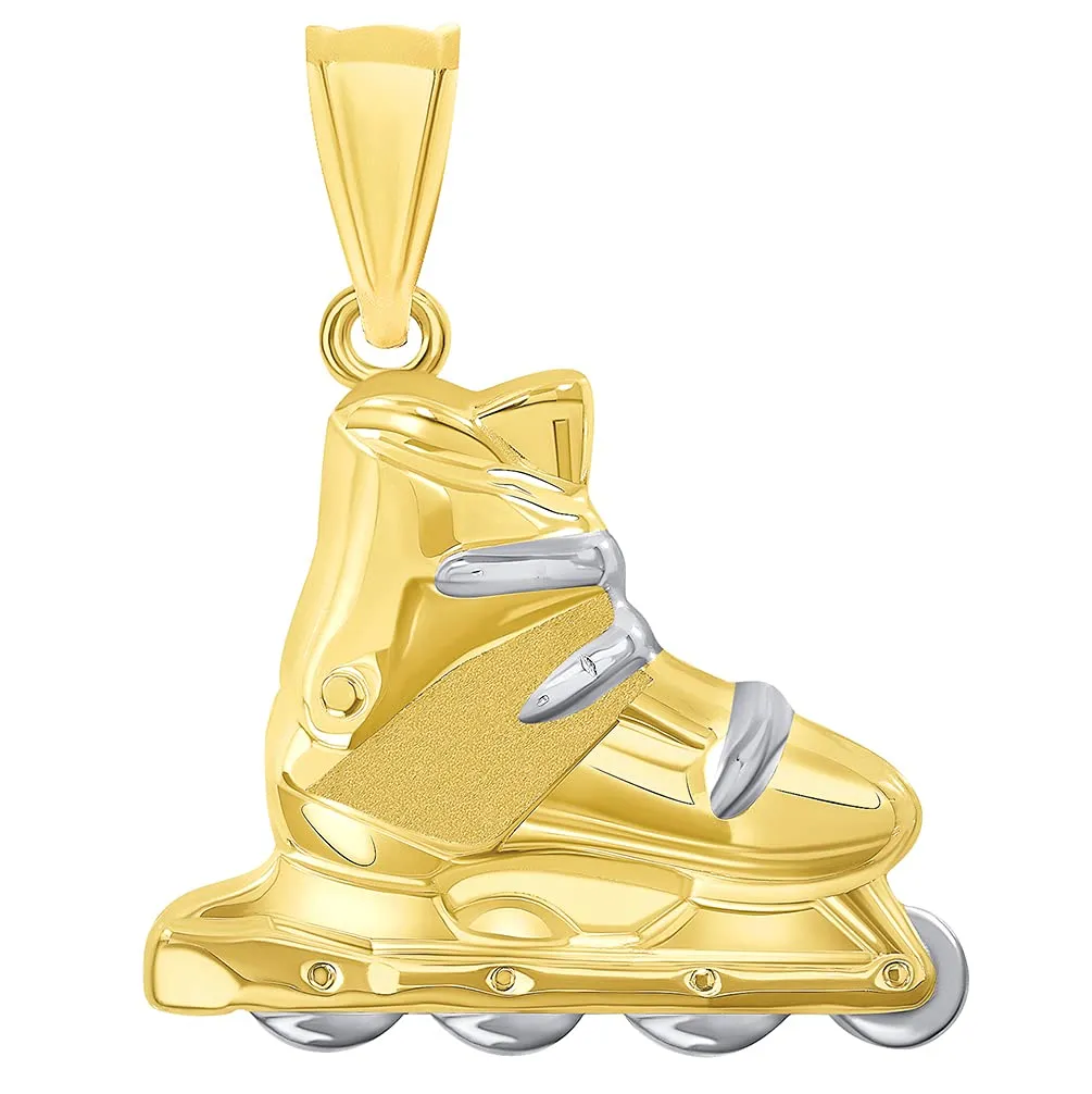 High Polish 14k Yellow Gold 3D Roller Skate Two-Tone Inline Roller Blade Pendant Necklace