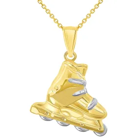 High Polish 14k Yellow Gold 3D Roller Skate Two-Tone Inline Roller Blade Pendant Necklace