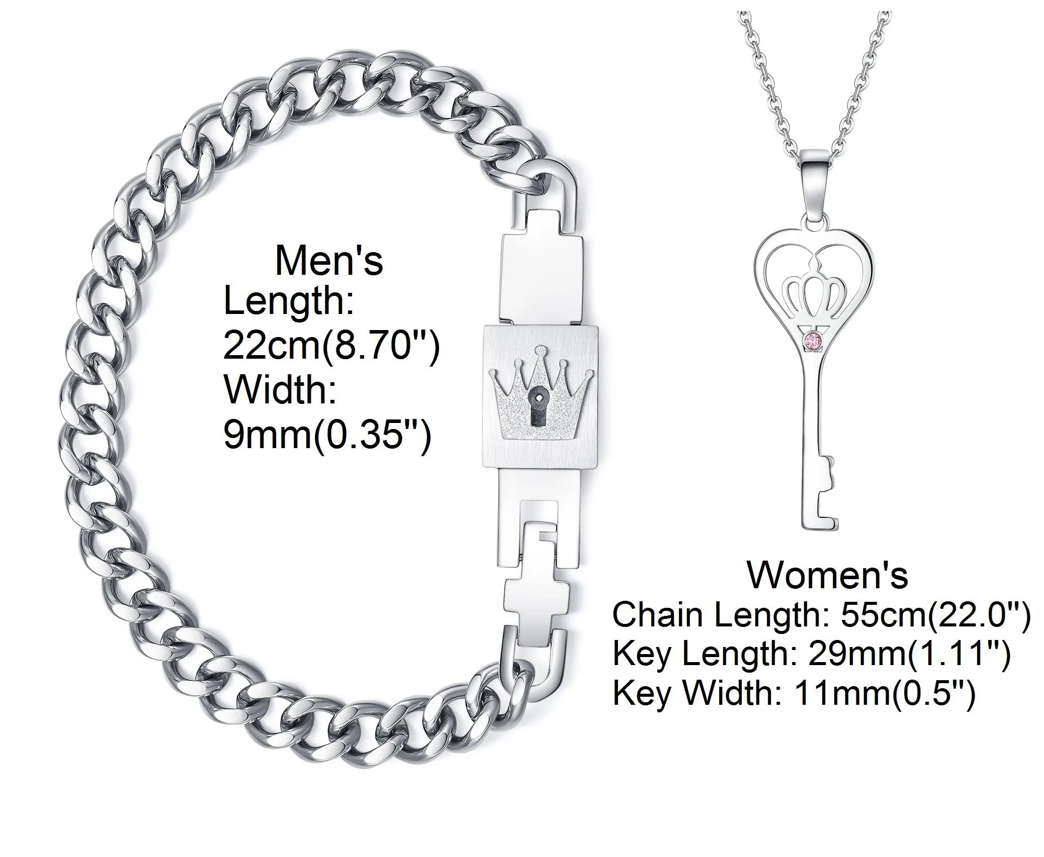 His & Hers Matching Set King Queen Key Lock Bracelet and Pendant Couple Jewelry Set