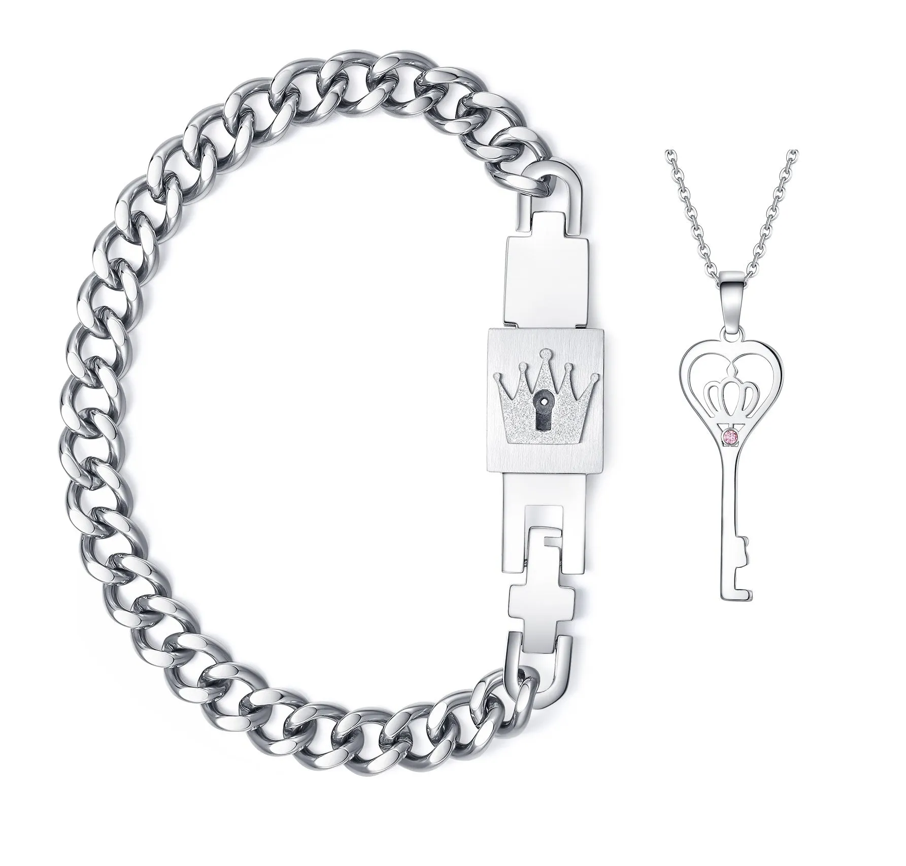 His & Hers Matching Set King Queen Key Lock Bracelet and Pendant Couple Jewelry Set