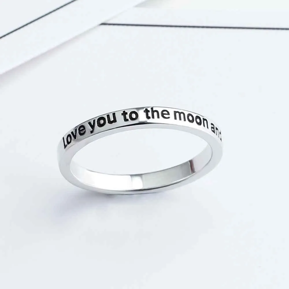 I Love You to the Moon and Back Engraved Sterling Silver Ring Band, Unisex Trendy Jewelry