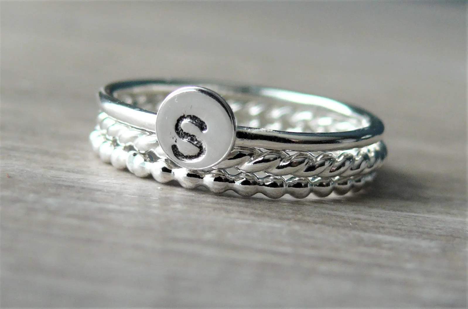 Initial Ring Monogram • Sterling silver stacking ring set personalized